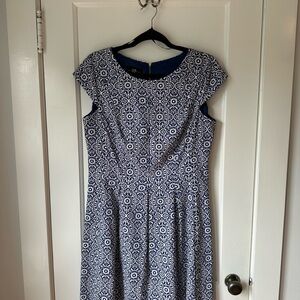 AGB Mid-Length Cap Sleeve Dress, Blue and White, Size 12